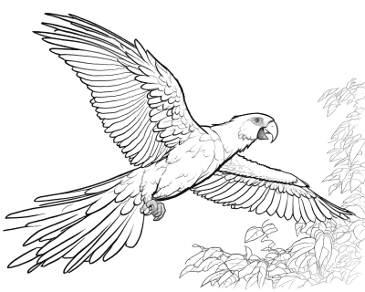 Omaľovánka letiaceho papagája s roztiahnutými krídlami a dlhým chvostom nad kríkmi